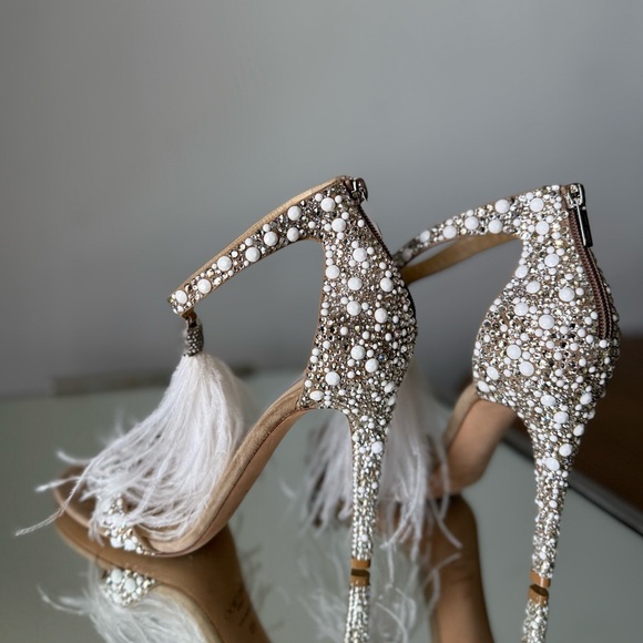 New Jimmy Choo Viola 110 Crystal Sandals Ostrich Feather Tassel Wedding $1,895 - Picture 10 of 15